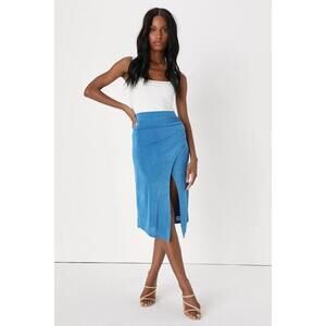 Lulus Confident Commotion Blue High-waisted Faux-wrap Midi Skirt - Size L